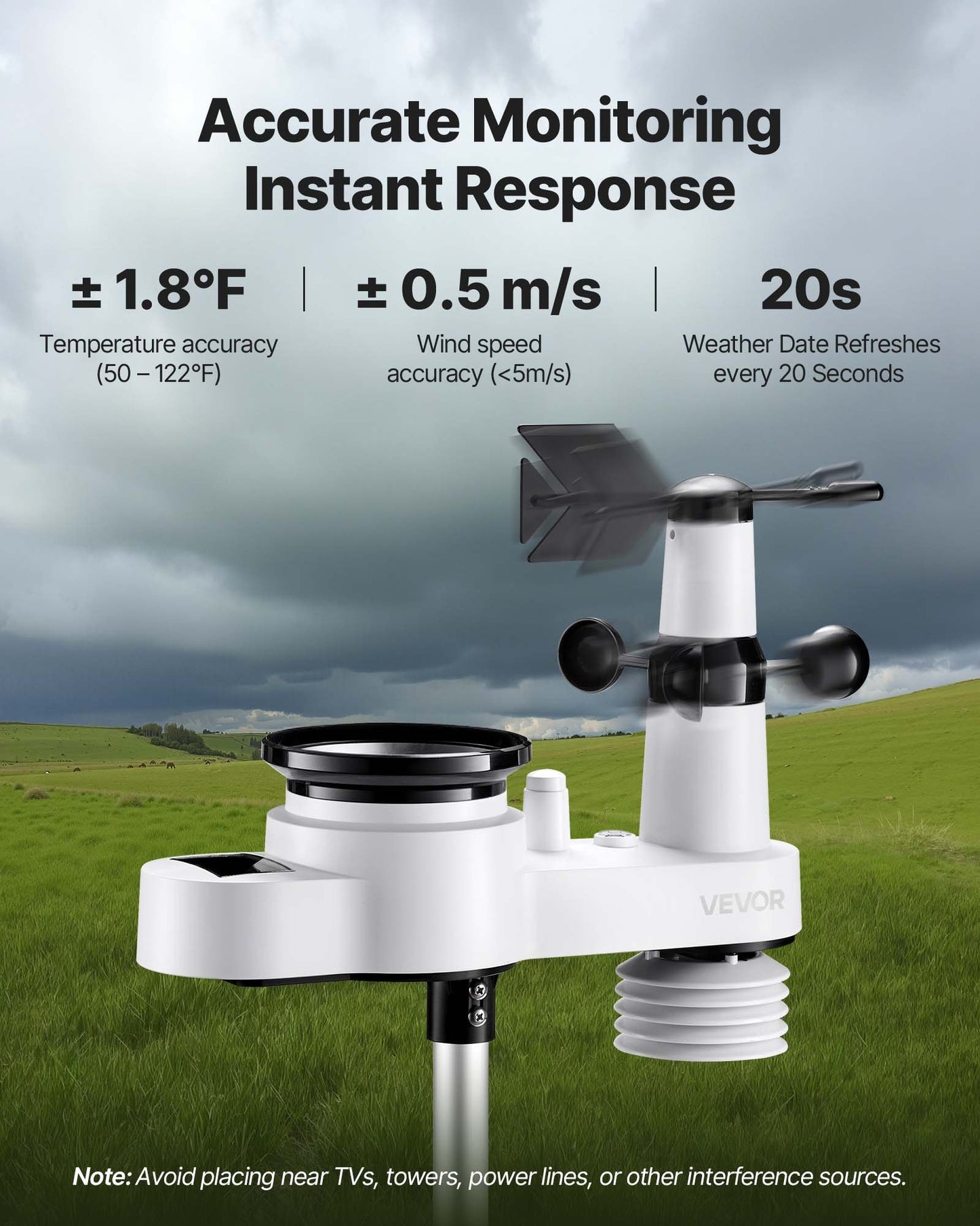 5-in-1 Wireless Weather Station, 190.5 mm VA Display, Solar Powered Outdoor Sensor, Rain Gauge, Indoor Outdoor for Weather Forecast, Temperature, Humidity, Wind Speed and Direction (No WiFi)