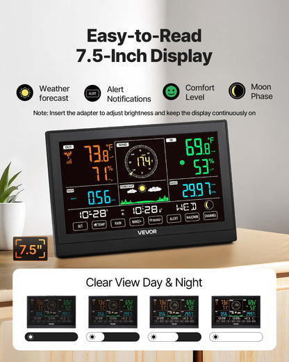 5-in-1 Wireless Weather Station, 190.5 mm VA Display, Solar Powered Outdoor Sensor, Rain Gauge, Indoor Outdoor for Weather Forecast, Temperature, Humidity, Wind Speed and Direction (No WiFi)