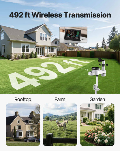5-in-1 Wireless Weather Station, 190.5 mm VA Display, Solar Powered Outdoor Sensor, Rain Gauge, Indoor Outdoor for Weather Forecast, Temperature, Humidity, Wind Speed and Direction (No WiFi)