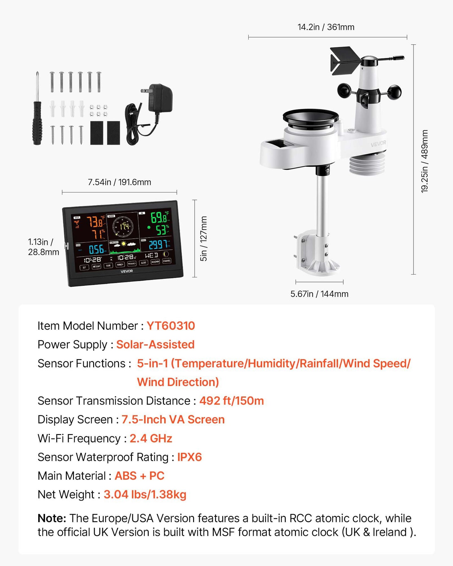 5-in-1 Wireless Weather Station, 190.5 mm VA Display, Solar Powered Outdoor Sensor, Rain Gauge, Indoor Outdoor for Weather Forecast, Temperature, Humidity, Wind Speed and Direction (No WiFi)