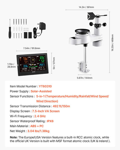 5-in-1 Wireless Weather Station, 190.5 mm VA Display, Solar Powered Outdoor Sensor, Rain Gauge, Indoor Outdoor for Weather Forecast, Temperature, Humidity, Wind Speed and Direction (No WiFi)