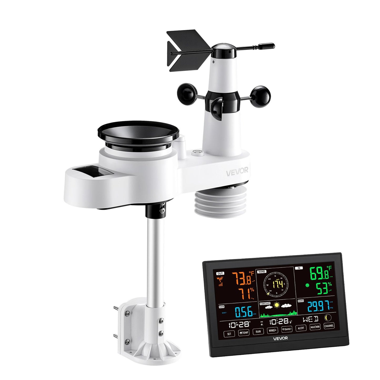 5-in-1 Wireless Weather Station, 190.5 mm VA Display, Solar Powered Outdoor Sensor, Rain Gauge, Indoor Outdoor for Weather Forecast, Temperature, Humidity, Wind Speed and Direction (No WiFi)