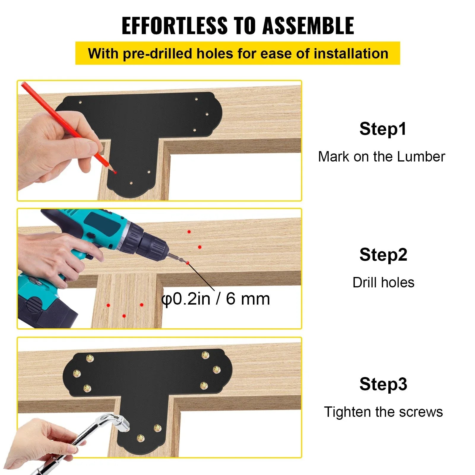 VEVOR Black T Mending Plate T-shape 8 PCs 6" Flat Connector Post to Beam Bracket - Mekamart Australia