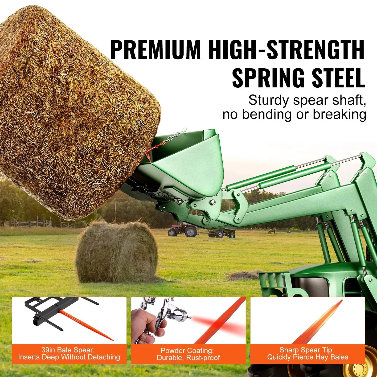 VEVOR 39" Hay Spear, Bale Spears 726kg Loading Capacity, Skid Steer Loader Tractor Bucket Attachment with 2pcs 17.5" Stabilizer Spears and 60" Chain, Quick Attach Spike Forks - Mekamart Australia