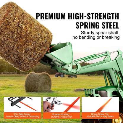 VEVOR 39" Hay Spear, Bale Spears 726kg Loading Capacity, Skid Steer Loader Tractor Bucket Attachment with 2pcs 17.5" Stabilizer Spears and 60" Chain, Quick Attach Spike Forks - Mekamart Australia
