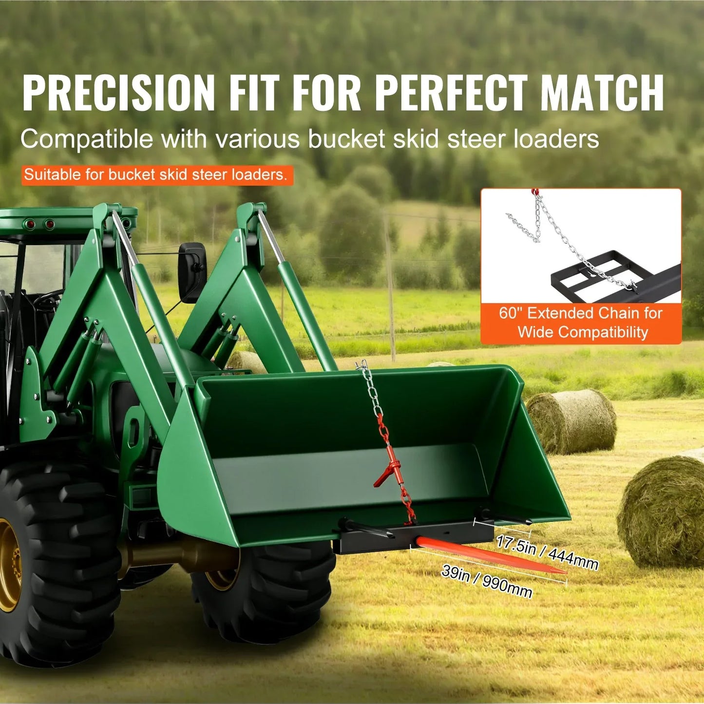 VEVOR 39" Hay Spear, Bale Spears 726kg Loading Capacity, Skid Steer Loader Tractor Bucket Attachment with 2pcs 17.5" Stabilizer Spears and 60" Chain, Quick Attach Spike Forks - Mekamart Australia
