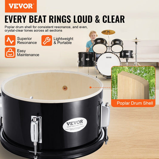 Kids Drum Set, 5-Piece, 406.4 mm Beginner Full Drum Set with Bass Toms Snare Floor Drum Adjustable Throne Cymbal Hi-Hat Pedal and Two Pairs of Drumsticks, Starter Drum Kit for Child Kids, Black