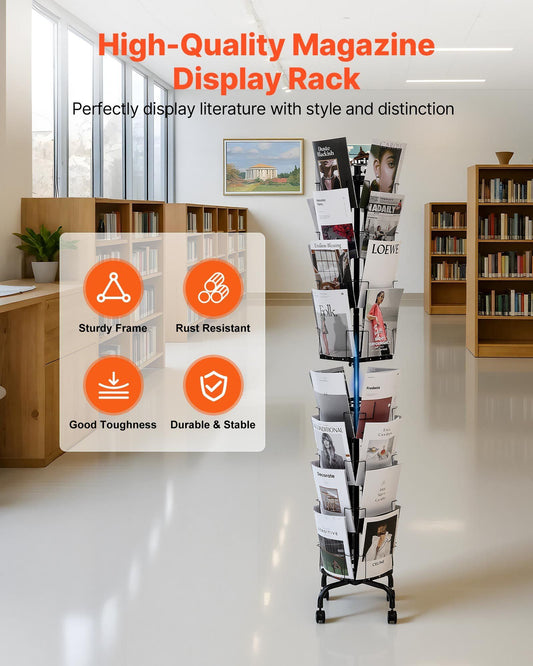 Greeting Cards Display Rack, 32 Pockets Rotating Postcard Brochure Display Stand, 360° Spinning Card Display Rack with Sign Holder & 4 Wheels (2 Lockable) for Exhibitions Office Trade Show