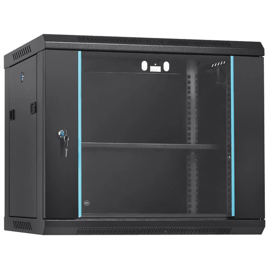 VEVOR 9U Wall Mount Network Server Cabinet, 39.37 cm Deep, Server Rack Cabinet Enclosure, 90.7 kg Max. Ground-mounted Load Capacity, with Locking Glass Door Side Panels, for IT Equipment, A/V Devices - Mekamart Australia