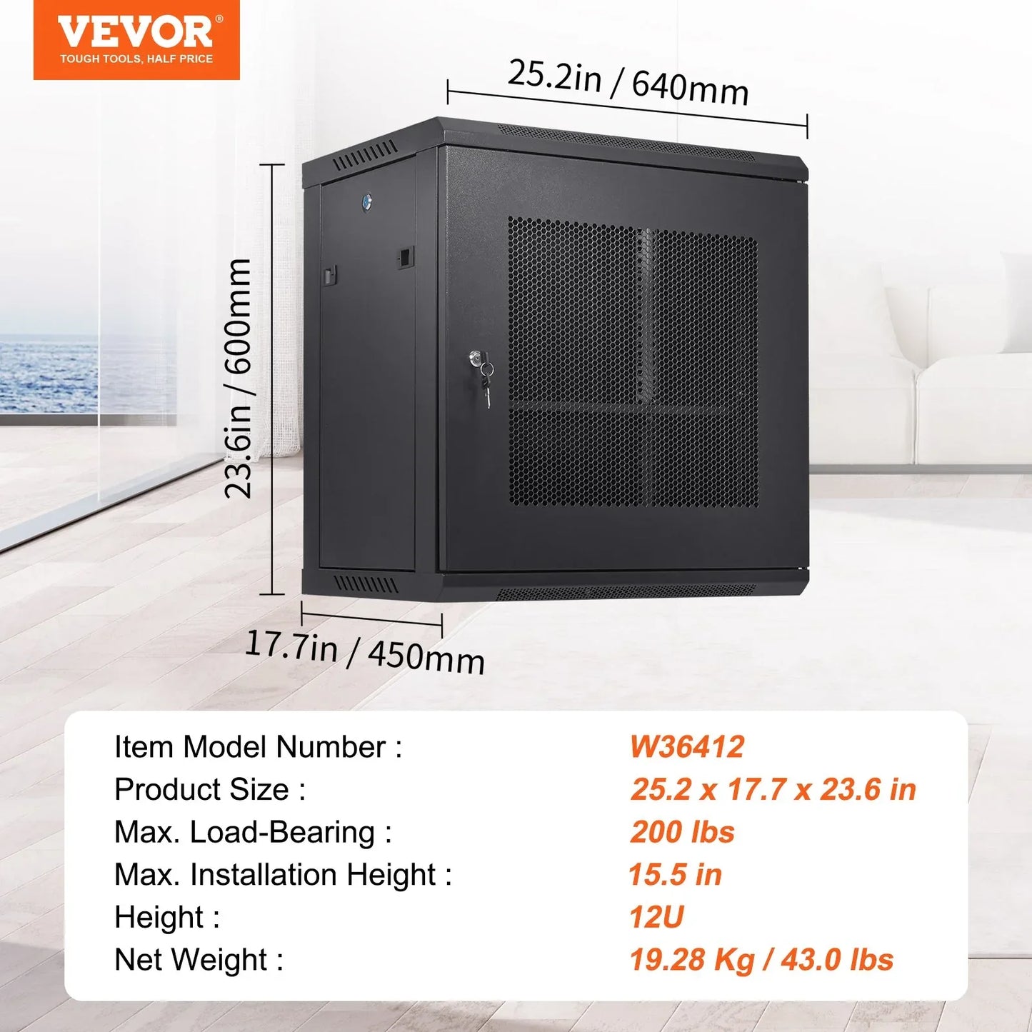 VEVOR 12U Wall Mount Network Server Cabinet, 15.5'' Deep, Server Rack Cabinet Enclosure, 200 lbs Max. Ground-mounted Load Capacity, with Locking Door Side Panels, for IT Equipment, A/V Devices - Mekamart Australia
