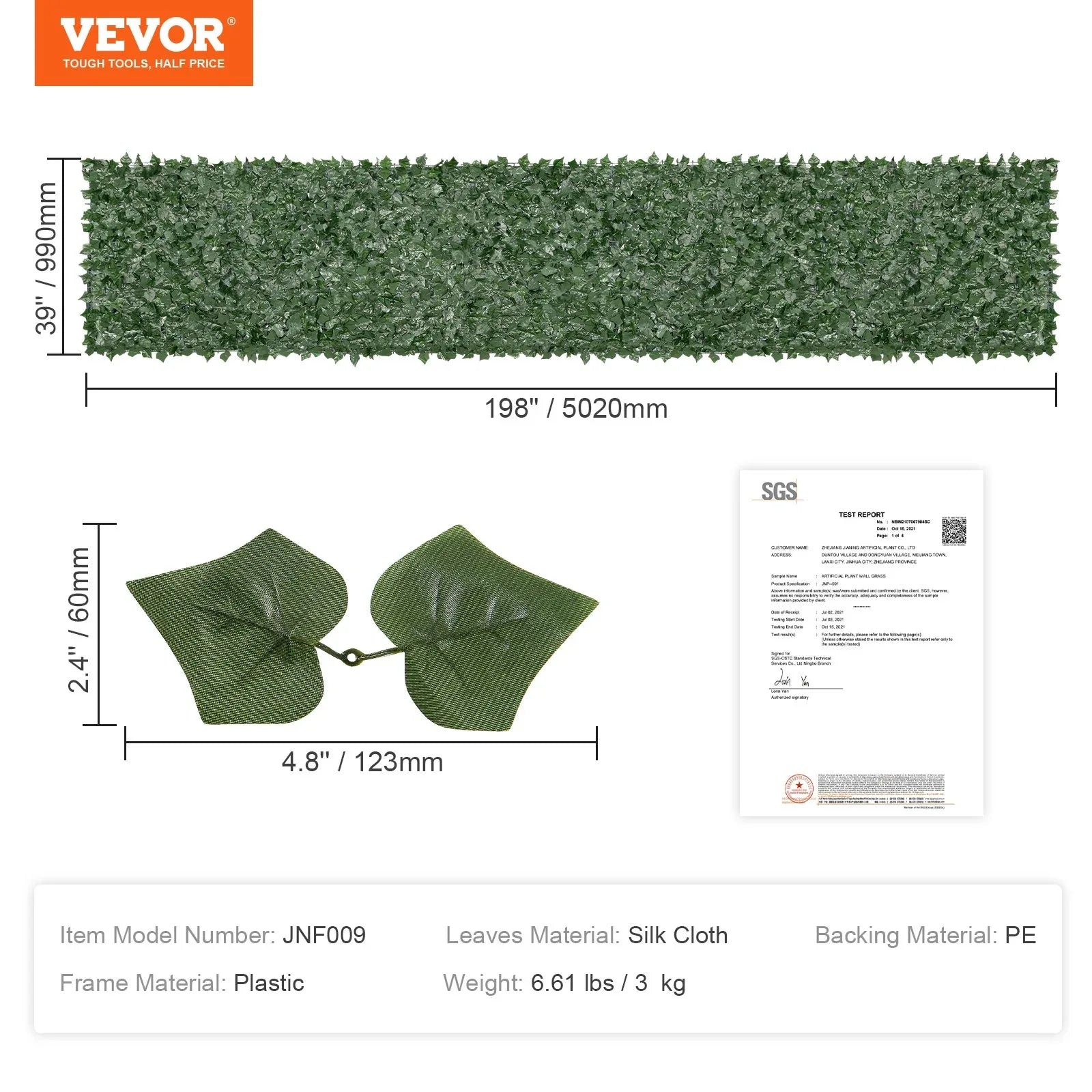 VEVOR Ivy Privacy Fence, 39 x 198in Artificial Green Wall Screen, Greenery Ivy Fence with Mesh Cloth Backing and Strengthened Joint, Faux Hedges Vine Leaf Decoration for Outdoor Garden, Yard, Balcony - Mekamart Australia