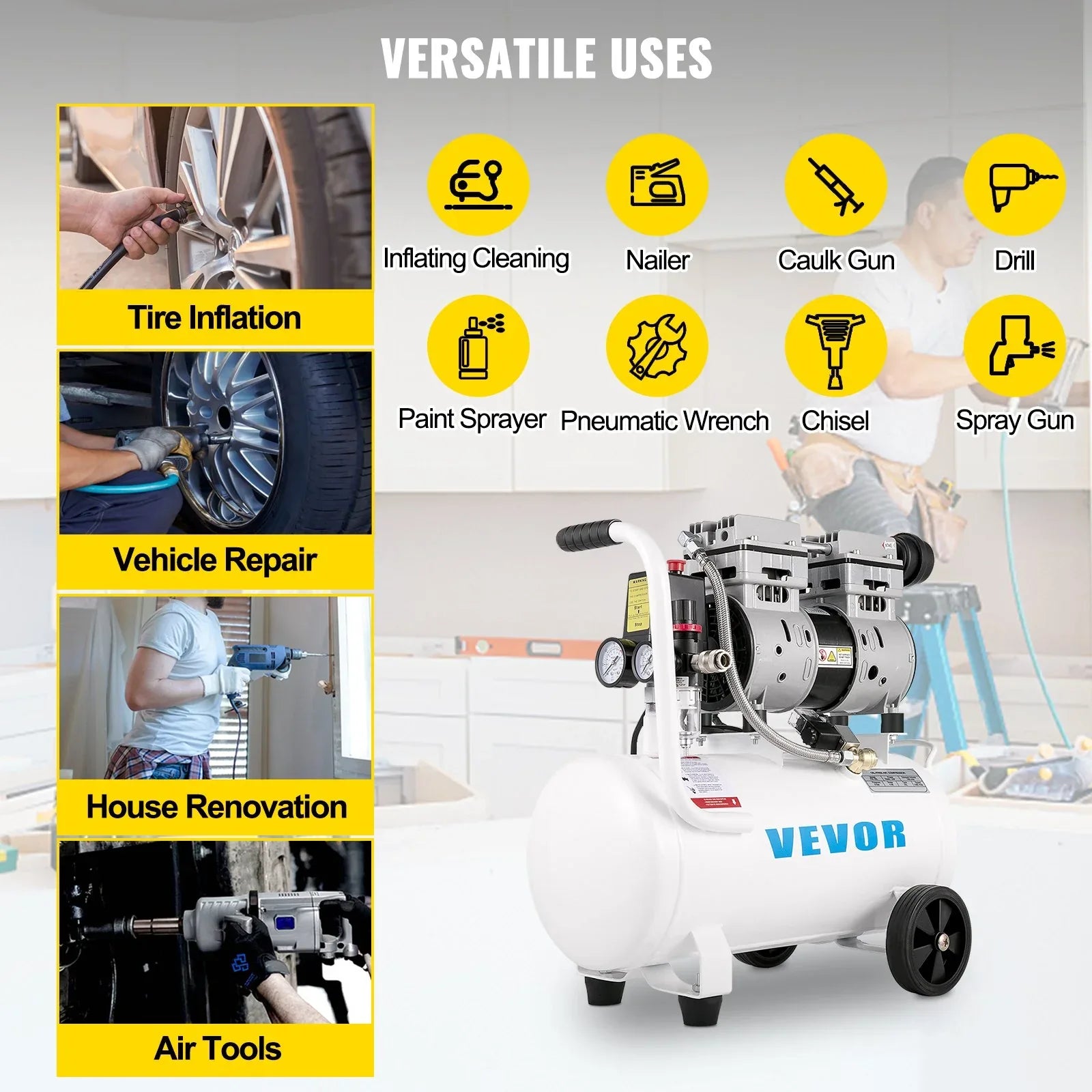 VEVOR Air Compressor 6.6 Gallon, Portable Air Compressor 1 HP, Oil Free Air Compressor Steel Tank 750W, Pancake Air Compressor 115 PSI, Ultra Quiet Compressor for Home Repair, Tire Inflation - Mekamart Australia