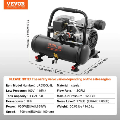 VEVOR Air Compressor Compact Portable Oil Free Compressor 4L 7bar - Mekamart Australia