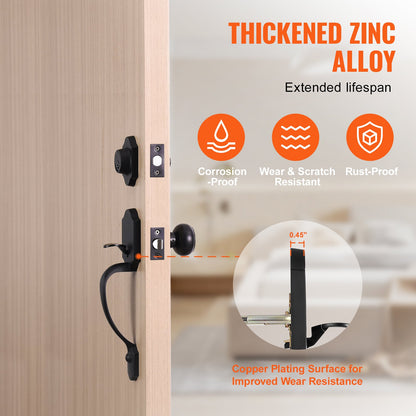 Front Door Handle and Deadbolt Set, Matte Black Front Door Lock Set with Interior Knob, Single Cylinder Handleset Adjustable Hole Spacing, for Right and Left Handed Entrance and Front Door