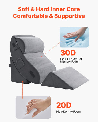 Wedge Pillow for Sleeping, 4 Pcs Adjustable Orthopedic Bed Wedge Set, Support Leg Neck Shoulder, Post Surgery Pillow for Back Pain, Acid Reflux, Snoring Relief, Sitting up in Bed, Dark Grey
