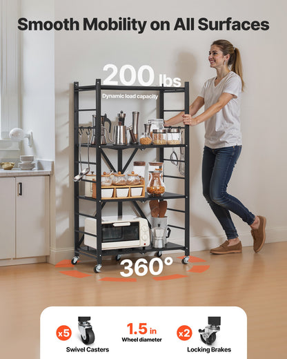 4-Tier Foldable Storage Shelf with Wheels, 66 cm W x 33 cm D x 117 cm H Folding Metal Rack Shelving Unit, No Assembly Organizer Shelf for Garage, Kitchen, Basement, Black