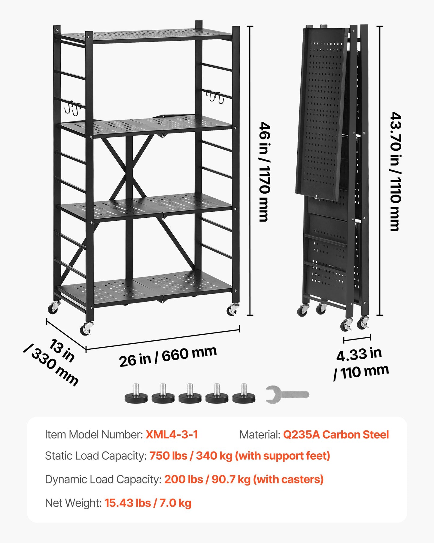 4-Tier Foldable Storage Shelf with Wheels, 66 cm W x 33 cm D x 117 cm H Folding Metal Rack Shelving Unit, No Assembly Organizer Shelf for Garage, Kitchen, Basement, Black