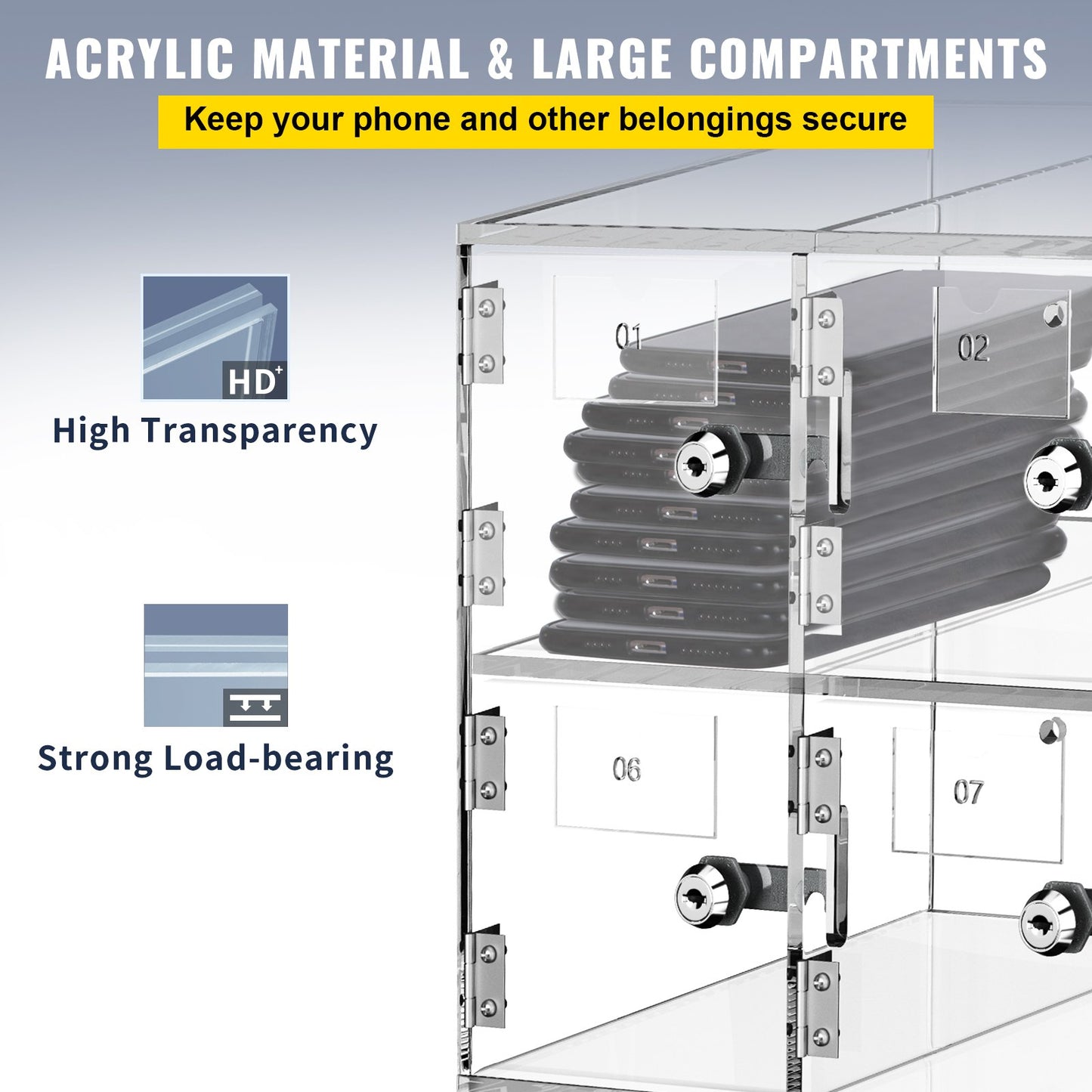 Acrylic Cell Phone Locker Box Storage Cabinet Pocket w/Keys 20 Slots Clear