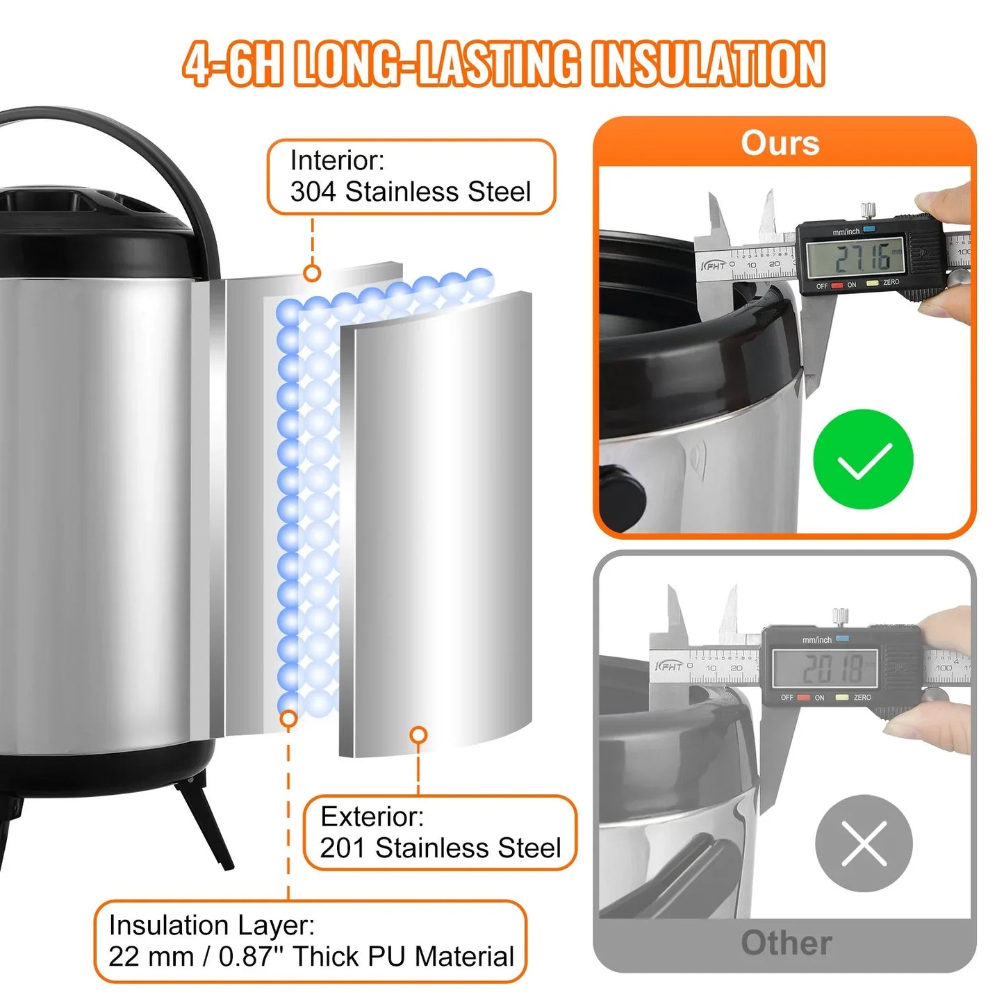 VEVOR Stainless Steel Insulated Beverage Dispenser, 7.6 Liter, Thermal Hot and Cold Drink Server Dispenser with Spigot Handle, Food-grade for Hot Tea Coffee Water Restaurant Drink Shop - Mekamart Australia
