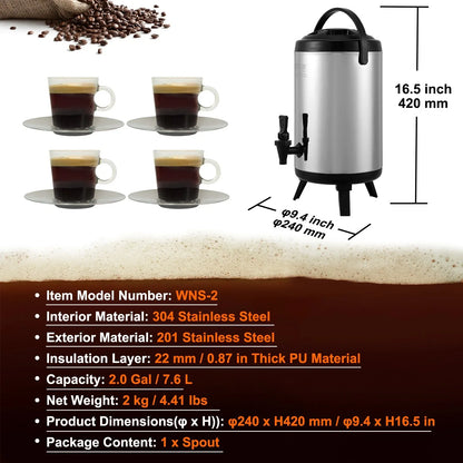 VEVOR Stainless Steel Insulated Beverage Dispenser, 7.6 Liter, Thermal Hot and Cold Drink Server Dispenser with Spigot Handle, Food-grade for Hot Tea Coffee Water Restaurant Drink Shop - Mekamart Australia
