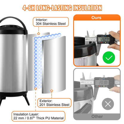 VEVOR Stainless Steel Insulated Beverage Dispenser, 9.2 Liter, Thermal Hot and Cold Drink Server Dispenser with Spigot Handle, Food-grade for Hot Tea Coffee Water Restaurant Drink Shop - Mekamart Australia