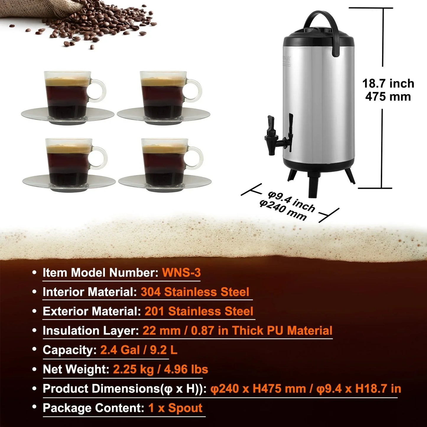 VEVOR Stainless Steel Insulated Beverage Dispenser, 9.2 Liter, Thermal Hot and Cold Drink Server Dispenser with Spigot Handle, Food-grade for Hot Tea Coffee Water Restaurant Drink Shop - Mekamart Australia