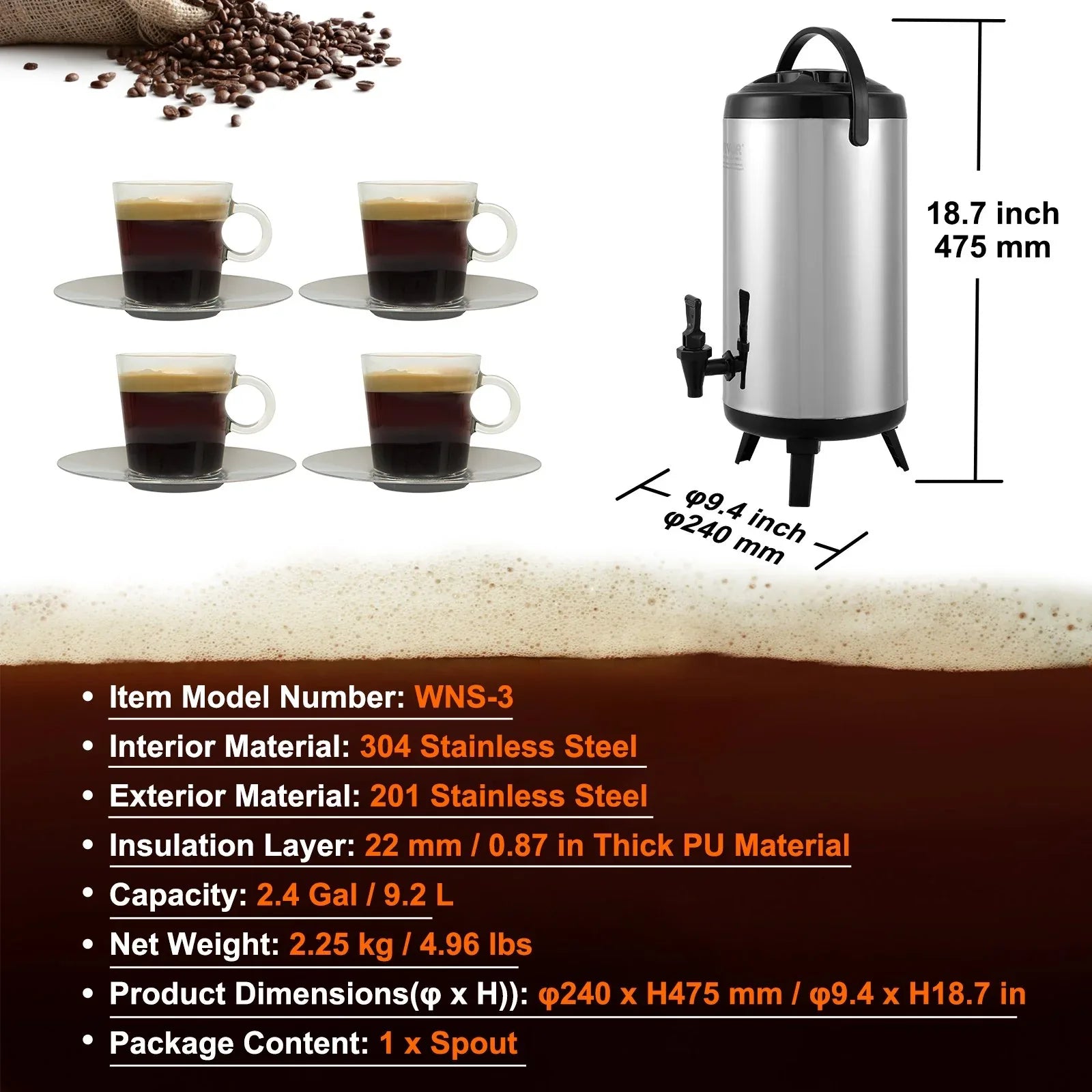 VEVOR Stainless Steel Insulated Beverage Dispenser, 9.2 Liter, Thermal Hot and Cold Drink Server Dispenser with Spigot Handle, Food-grade for Hot Tea Coffee Water Restaurant Drink Shop - Mekamart Australia