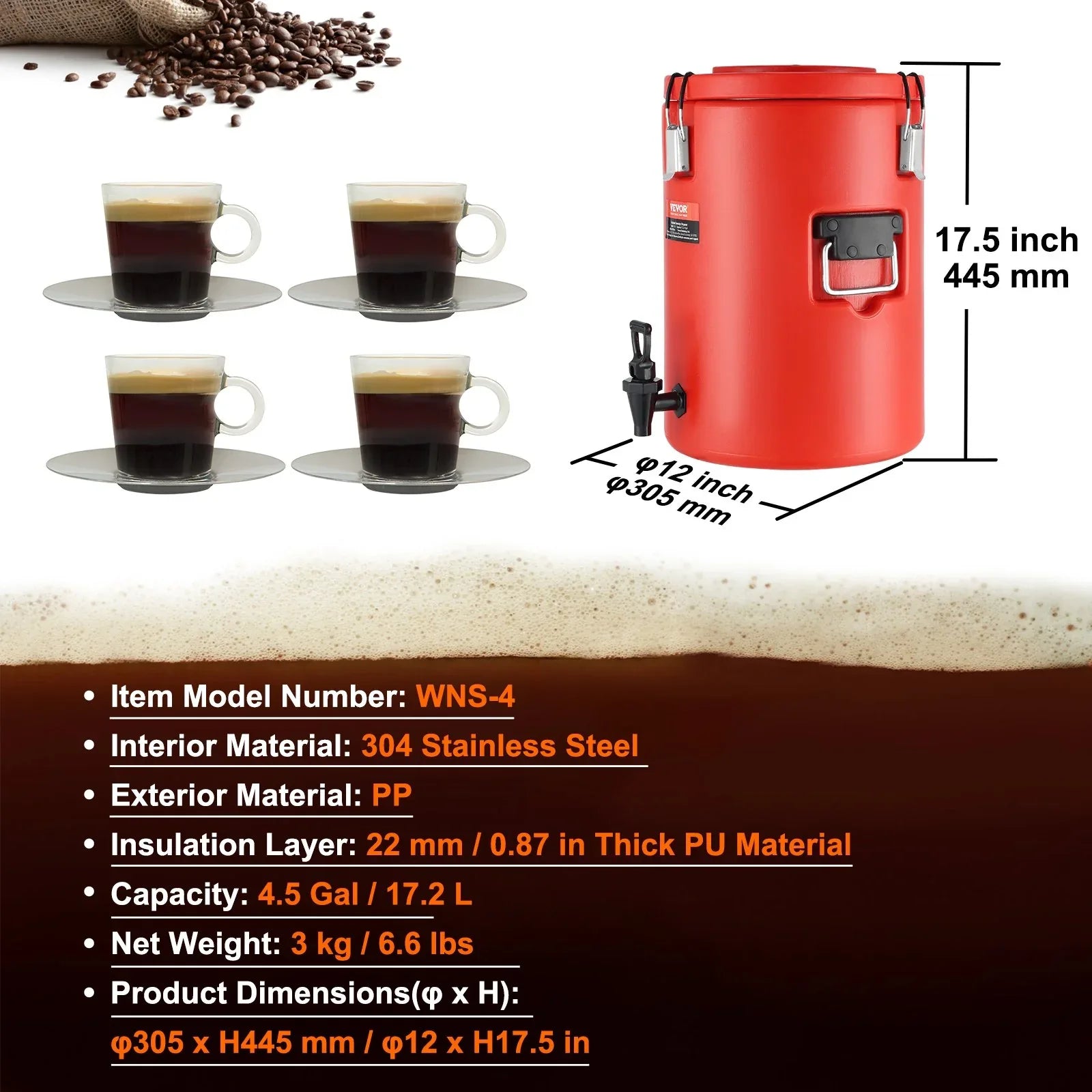 VEVOR Stainless Steel Insulated Beverage Dispenser, 17.2 Liter, Thermal Hot and Cold Drink Server Dispenser with Spigot Handle, Food-grade for Hot Tea Coffee Water Restaurant Drink Shop - Mekamart Australia