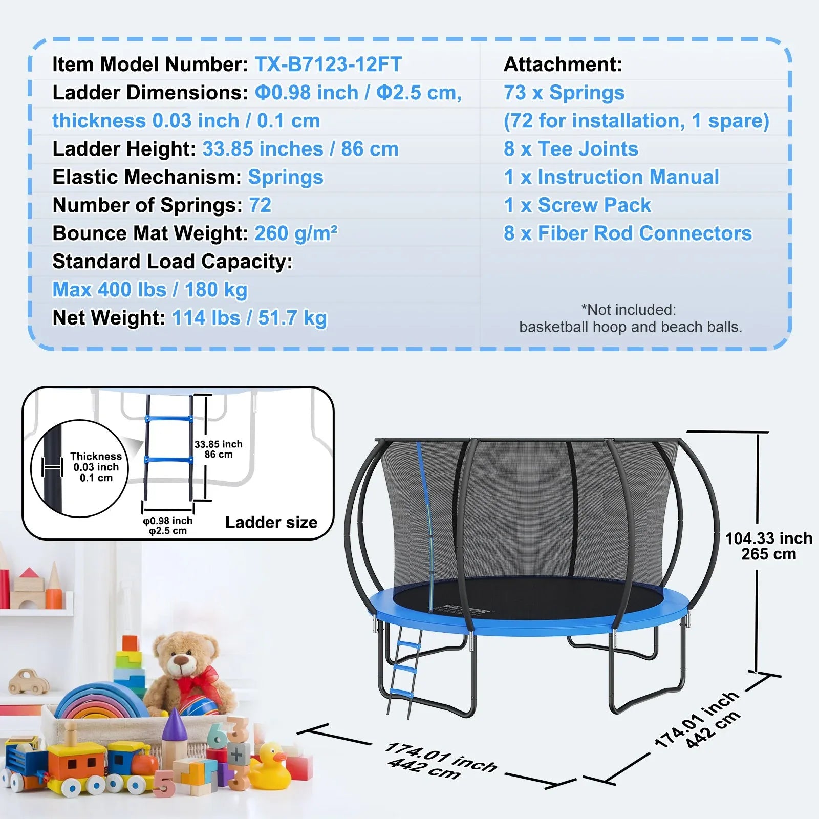 VEVOR 3.66m Trampoline, 181 kg Trampoline with Enclosure Net, Ladder, and Curved Pole, Heavy Duty Trampoline with Jumping Mat and Spring Cover Padding, Outdoor Recreational Trampolines for Kids Adults - Mekamart Australia