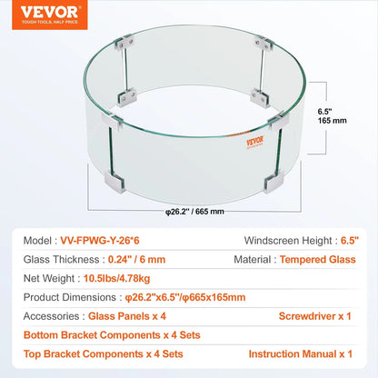 VEVOR Fire Pit Wind Guard, 26 x 26 x 6 Inch Glass Flame Guard, Round Glass Shield, 1/4-Inch Thick Fire Table, Clear Tempered Glass Flame Guard, Steady Feet Tree Pit Guard for Propane, Gas, Outdoor - Mekamart Australia