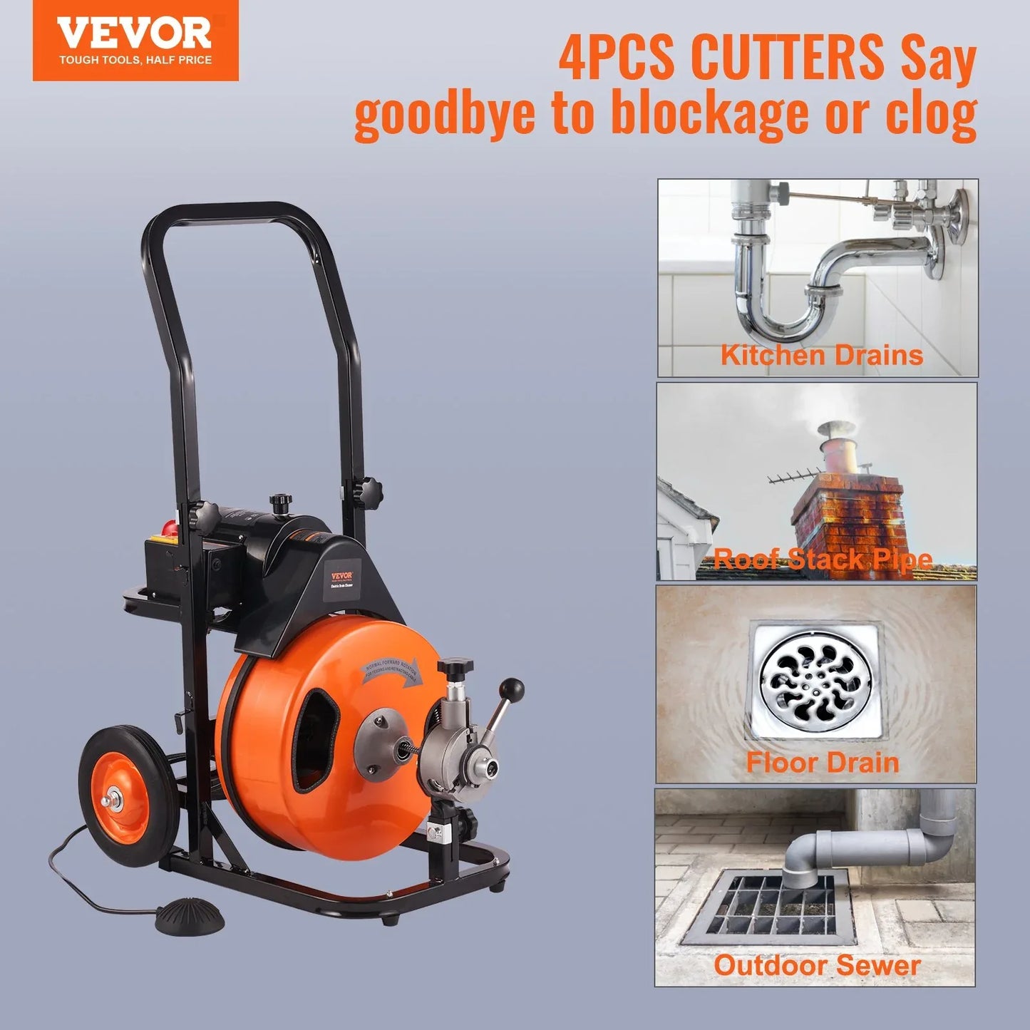 VEVOR Drain Cleaner Machine 75FT x 3/8Inch, Auto Feed Sewer Snake Auger with 4 Cutter & Air-activated Foot Switch for 2" to 4" Pipes - Mekamart Australia