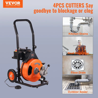 VEVOR Drain Cleaner Machine 75FT x 3/8Inch, Auto Feed Sewer Snake Auger with 4 Cutter & Air-activated Foot Switch for 2" to 4" Pipes - Mekamart Australia