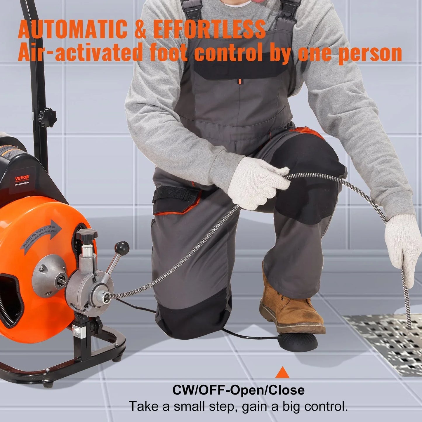 VEVOR Drain Cleaner Machine 75FT x 3/8Inch, Auto Feed Sewer Snake Auger with 4 Cutter & Air-activated Foot Switch for 2" to 4" Pipes - Mekamart Australia
