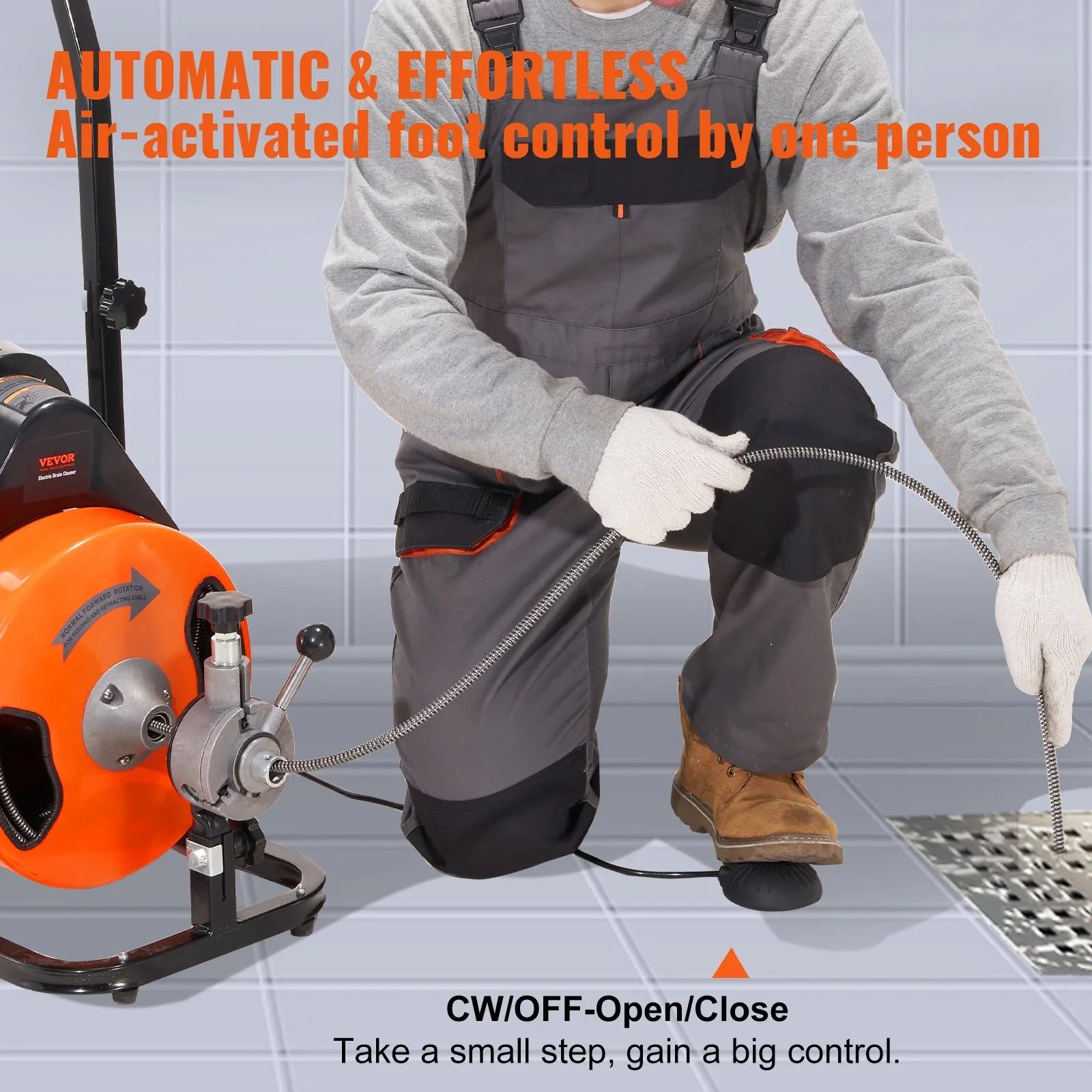 VEVOR Drain Cleaner Machine 75FT x 3/8Inch, Auto Feed Sewer Snake Auger with 4 Cutter & Air-activated Foot Switch for 2" to 4" Pipes - Mekamart Australia