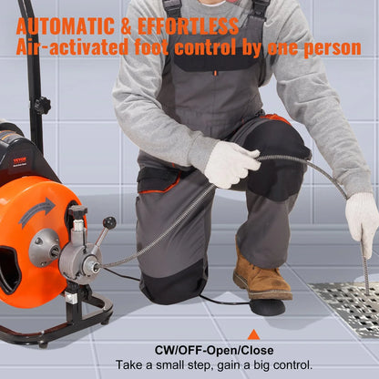VEVOR Drain Cleaner Machine 75FT x 3/8Inch, Auto Feed Sewer Snake Auger with 4 Cutter & Air-activated Foot Switch for 2" to 4" Pipes - Mekamart Australia