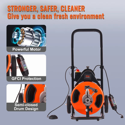 VEVOR Drain Cleaner Machine 75FT x 3/8Inch, Auto Feed Sewer Snake Auger with 4 Cutter & Air-activated Foot Switch for 2" to 4" Pipes - Mekamart Australia
