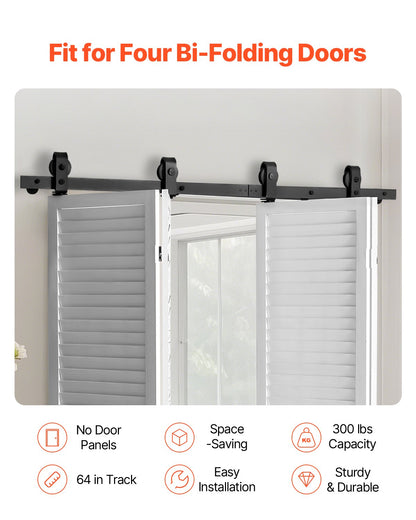 Bi-Folding Sliding Barn Door Hardware Track Kit, 64" Top Mount Track Kit, Slide Smoothly & Quietly, Heavy Duty, Easy to Install, Suitable for Four 15" Closet Pantry Laundry Doors (Not Included)