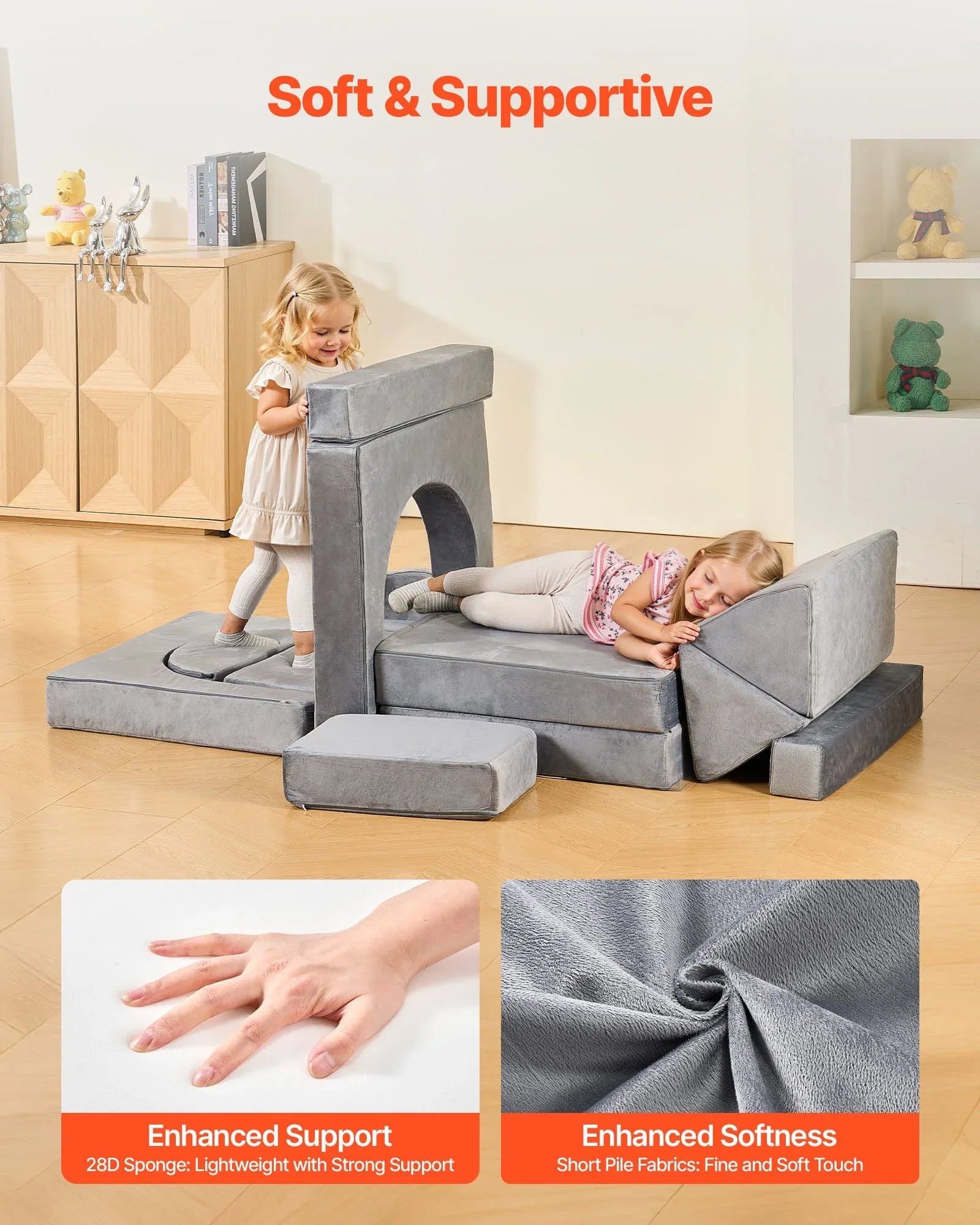 VEVOR Modular Kids Play Couch, Sectional Toddler Sofa with Armrests, 28D Sponge & Short Pile, Convertible Kids Modular Couch DIY Creative Combination for Playroom, Bedroom, Living Room, 14 Pcs, Gray - Mekamart Australia