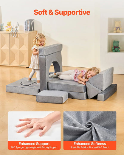 VEVOR Modular Kids Play Couch, Sectional Toddler Sofa with Armrests, 28D Sponge & Short Pile, Convertible Kids Modular Couch DIY Creative Combination for Playroom, Bedroom, Living Room, 14 Pcs, Gray - Mekamart Australia