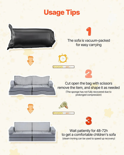 VEVOR Modular Kids Play Couch, Sectional Toddler Sofa with Armrests, 28D Sponge & Short Pile, Convertible Kids Modular Couch DIY Creative Combination for Playroom, Bedroom, Living Room, 14 Pcs, Gray - Mekamart Australia