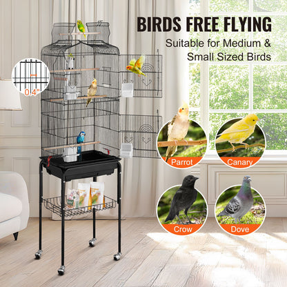 Large Bird Cage, 62 in, Open Top Parakeet Cage with Rolling Stand,  Steel Bird Flight Cage with Removable Tray, Budgie Birdcage with 4 Perches, Parrot Cage for Lovebirds Cockatiels Pet Toy