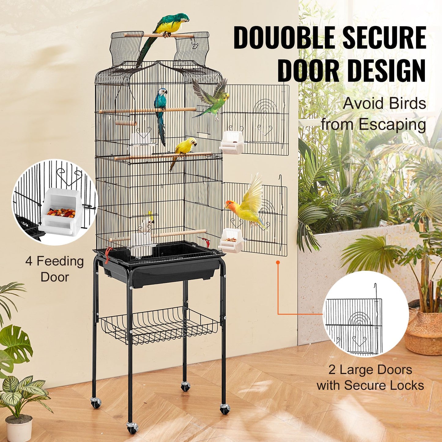 Large Bird Cage, 62 in, Open Top Parakeet Cage with Rolling Stand,  Steel Bird Flight Cage with Removable Tray, Budgie Birdcage with 4 Perches, Parrot Cage for Lovebirds Cockatiels Pet Toy