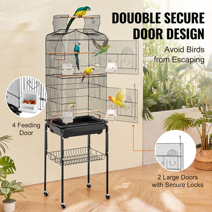Large Bird Cage, 62 in, Open Top Parakeet Cage with Rolling Stand,  Steel Bird Flight Cage with Removable Tray, Budgie Birdcage with 4 Perches, Parrot Cage for Lovebirds Cockatiels Pet Toy