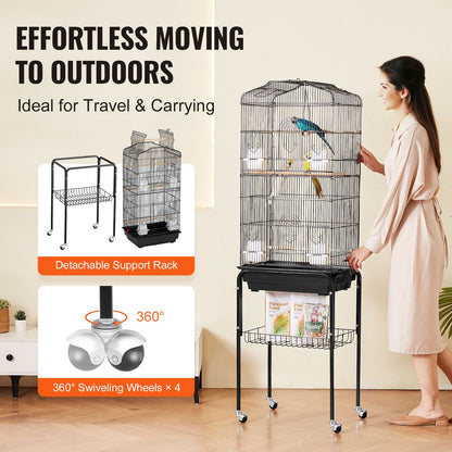 Large Bird Cage, 62 in, Open Top Parakeet Cage with Rolling Stand,  Steel Bird Flight Cage with Removable Tray, Budgie Birdcage with 4 Perches, Parrot Cage for Lovebirds Cockatiels Pet Toy
