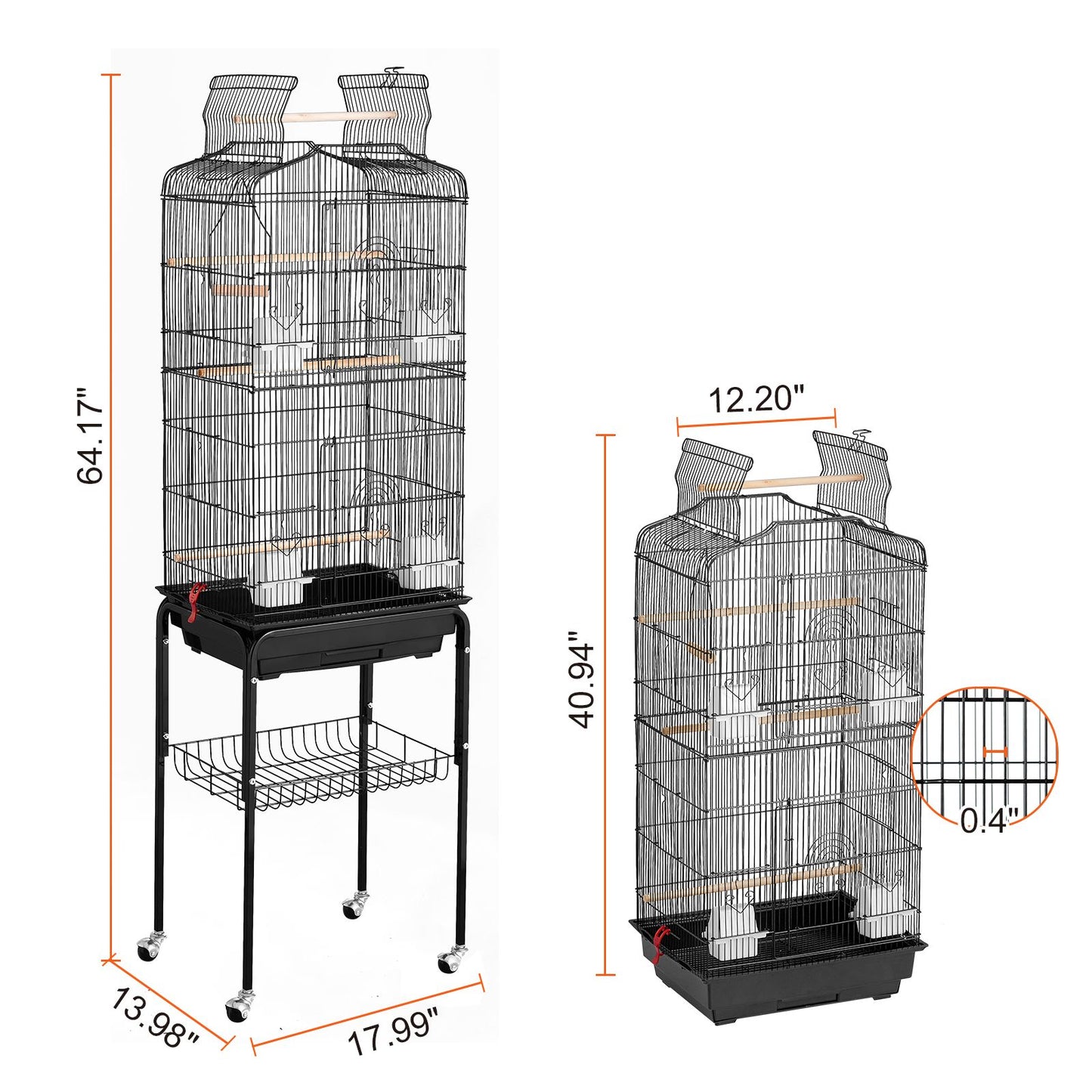 Large Bird Cage, 62 in, Open Top Parakeet Cage with Rolling Stand,  Steel Bird Flight Cage with Removable Tray, Budgie Birdcage with 4 Perches, Parrot Cage for Lovebirds Cockatiels Pet Toy