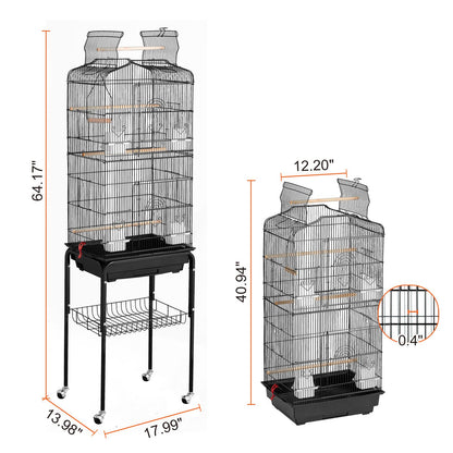 Large Bird Cage, 62 in, Open Top Parakeet Cage with Rolling Stand,  Steel Bird Flight Cage with Removable Tray, Budgie Birdcage with 4 Perches, Parrot Cage for Lovebirds Cockatiels Pet Toy