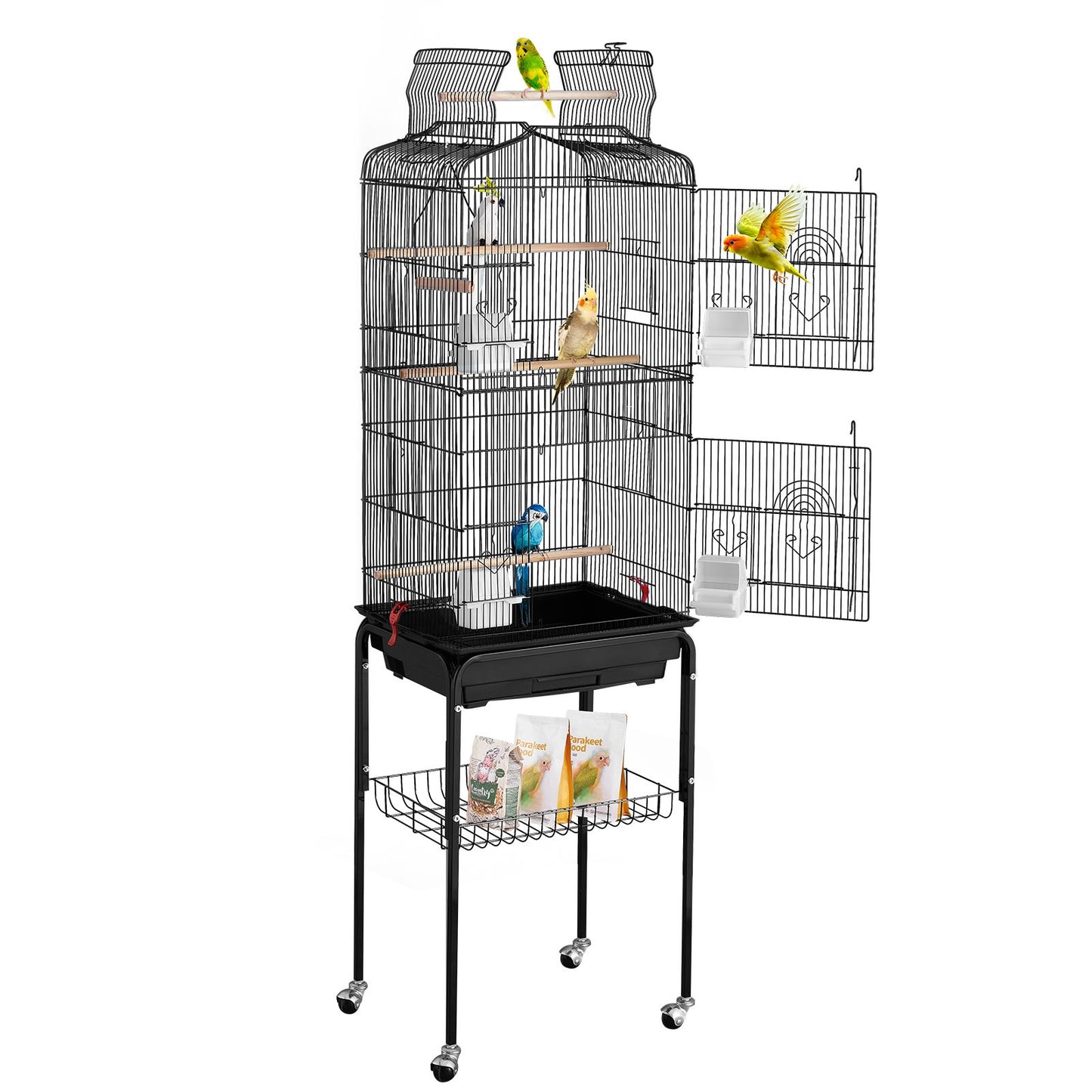 Large Bird Cage, 62 in, Open Top Parakeet Cage with Rolling Stand,  Steel Bird Flight Cage with Removable Tray, Budgie Birdcage with 4 Perches, Parrot Cage for Lovebirds Cockatiels Pet Toy