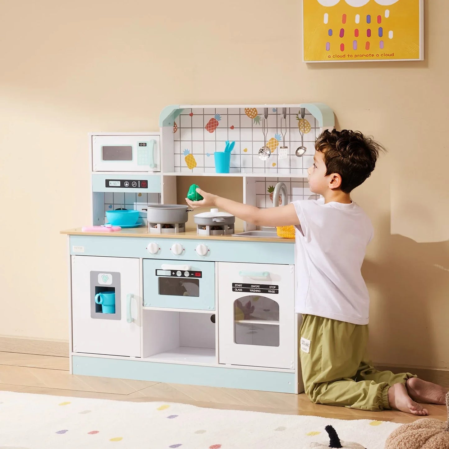 VEVOR Kitchen Playset Kids Pretend Cooking Play Toy 24 Piece Accessories White - Mekamart Australia