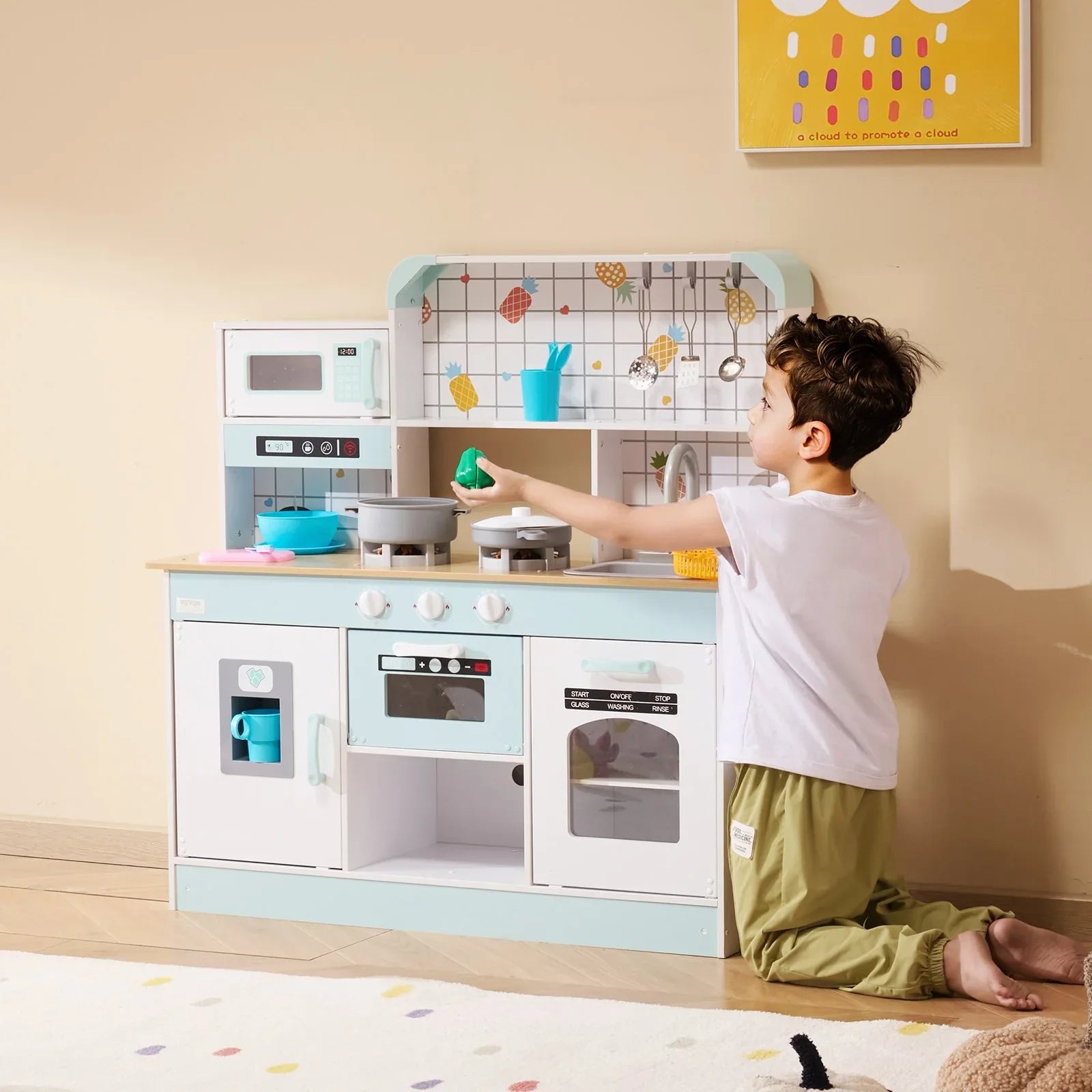 VEVOR Kitchen Playset Kids Pretend Cooking Play Toy 24 Piece Accessories White - Mekamart Australia