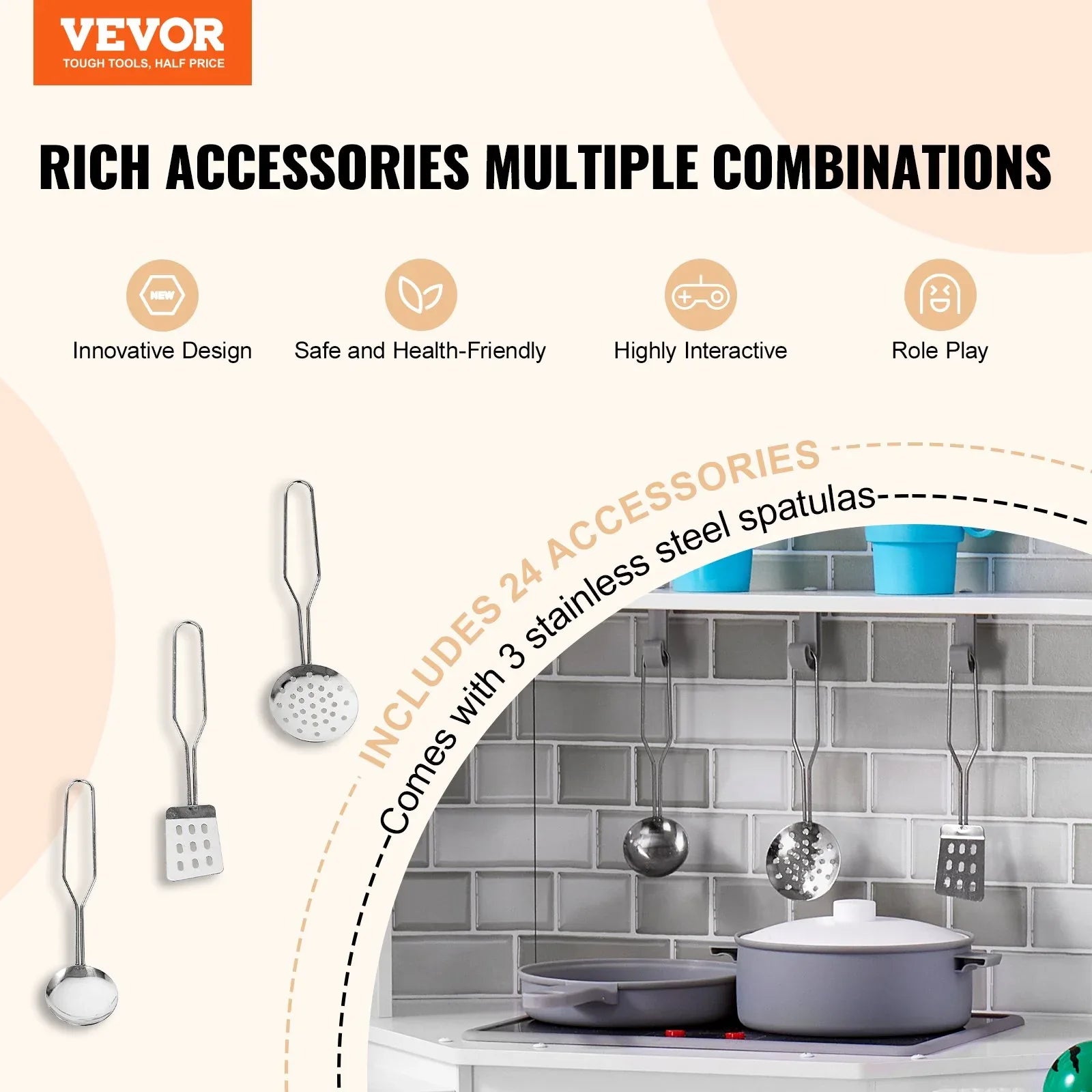 VEVOR Kitchen Playset Kids Pretend Cooking Play Toy 24 Piece Accessories White - Mekamart Australia
